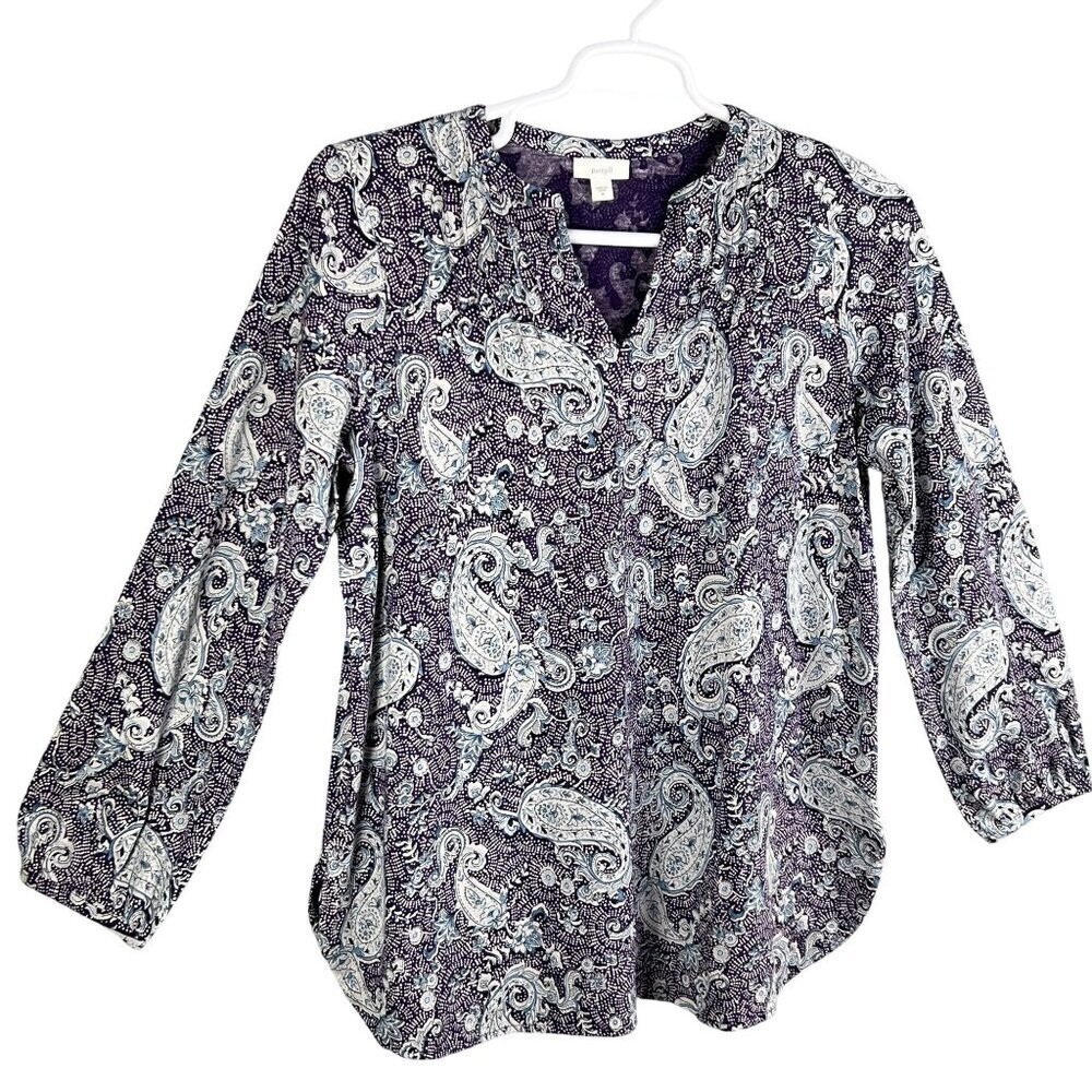 Pure Jill Women M Paisley Print Long Sleeve Purple Blue Tunic Top Bohemian Artsy
